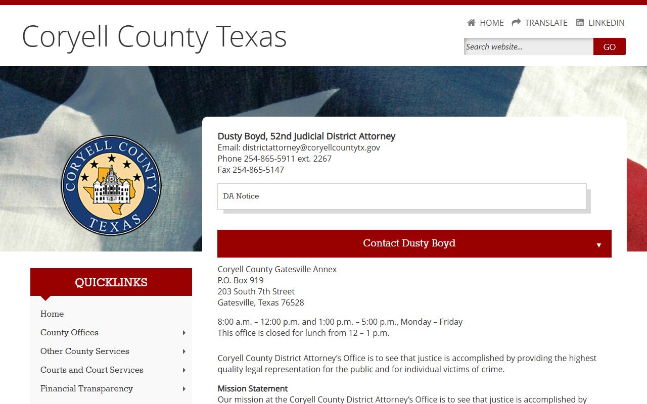 Coryell County court records after jail arrest District Attorney contact page