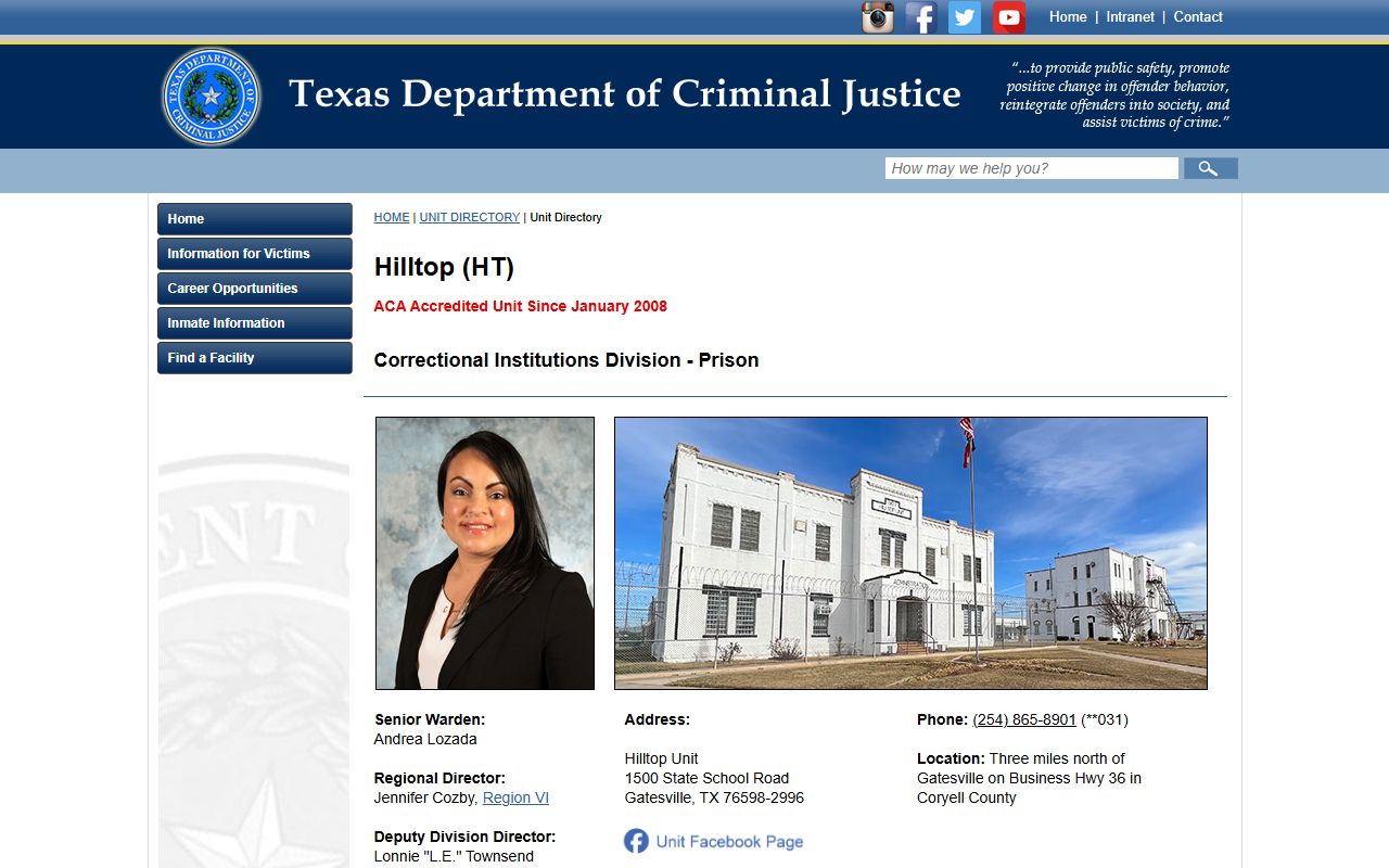 Hilltop Unit TDCJ custody search and facility profile
