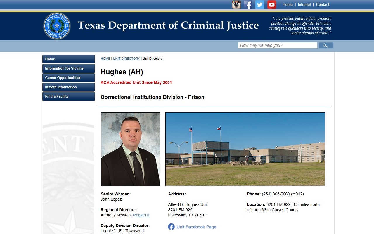 Alfred D. Hughes Unit TDCJ inmate search and facility profile