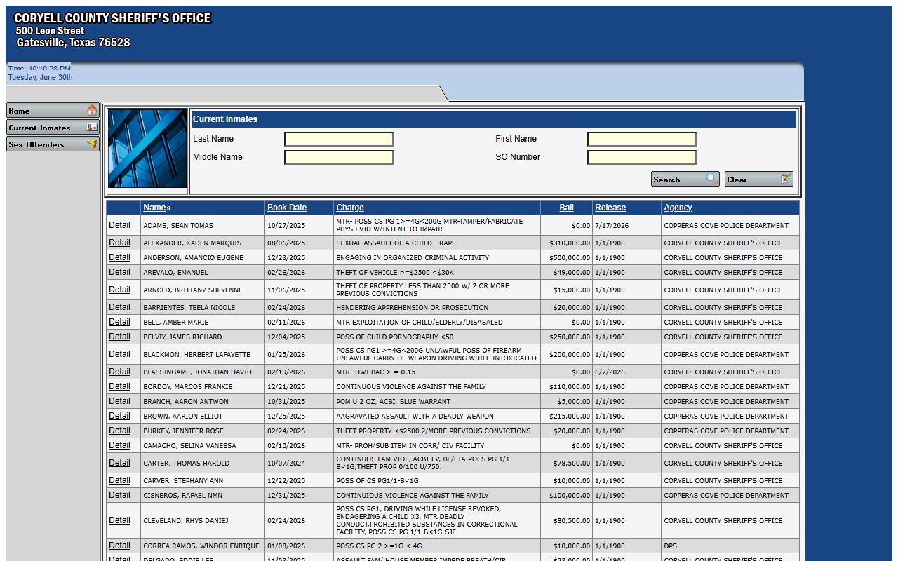 Coryell County inmate population current roster search fields