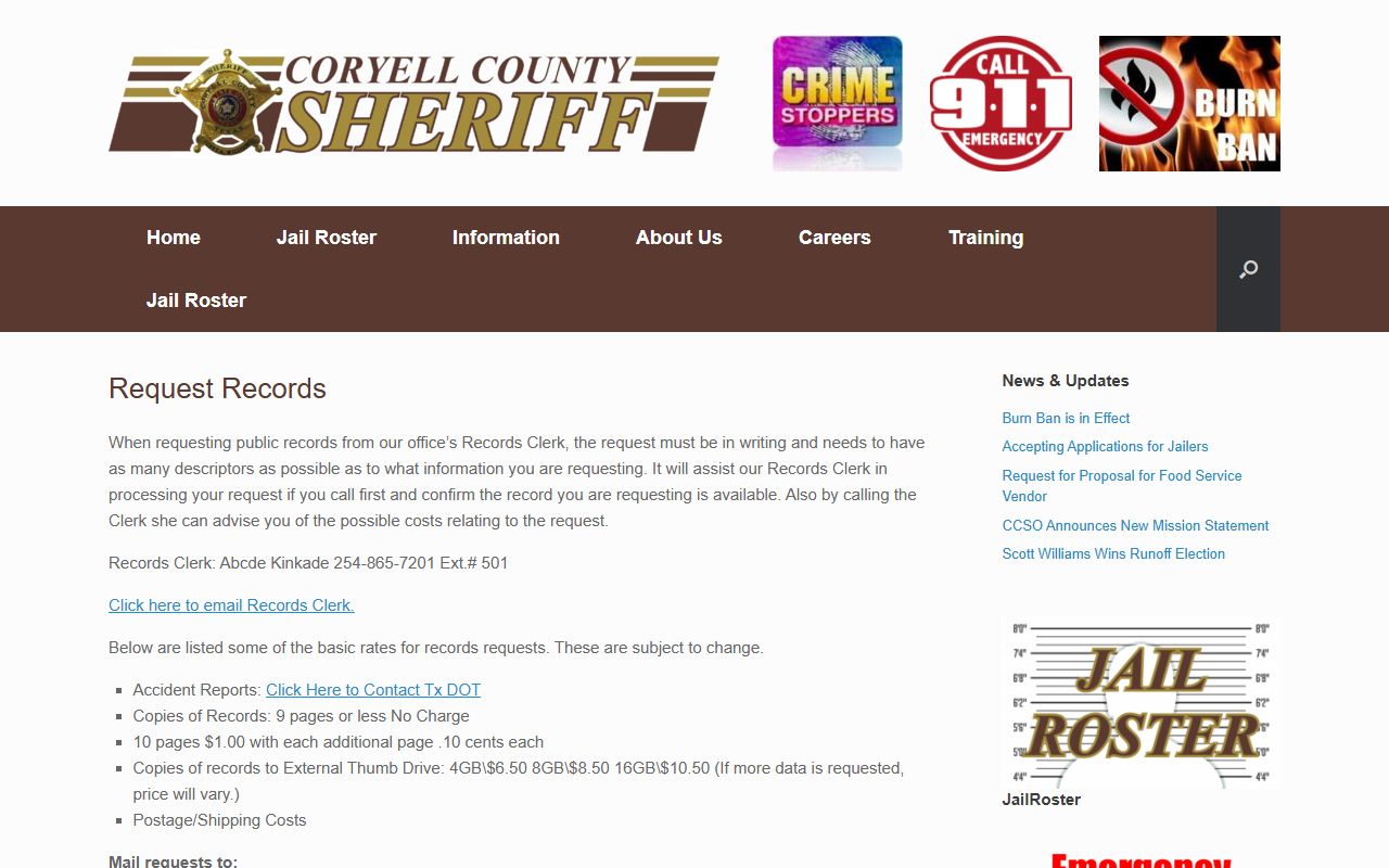Coryell County booking photo records request instructions and fees