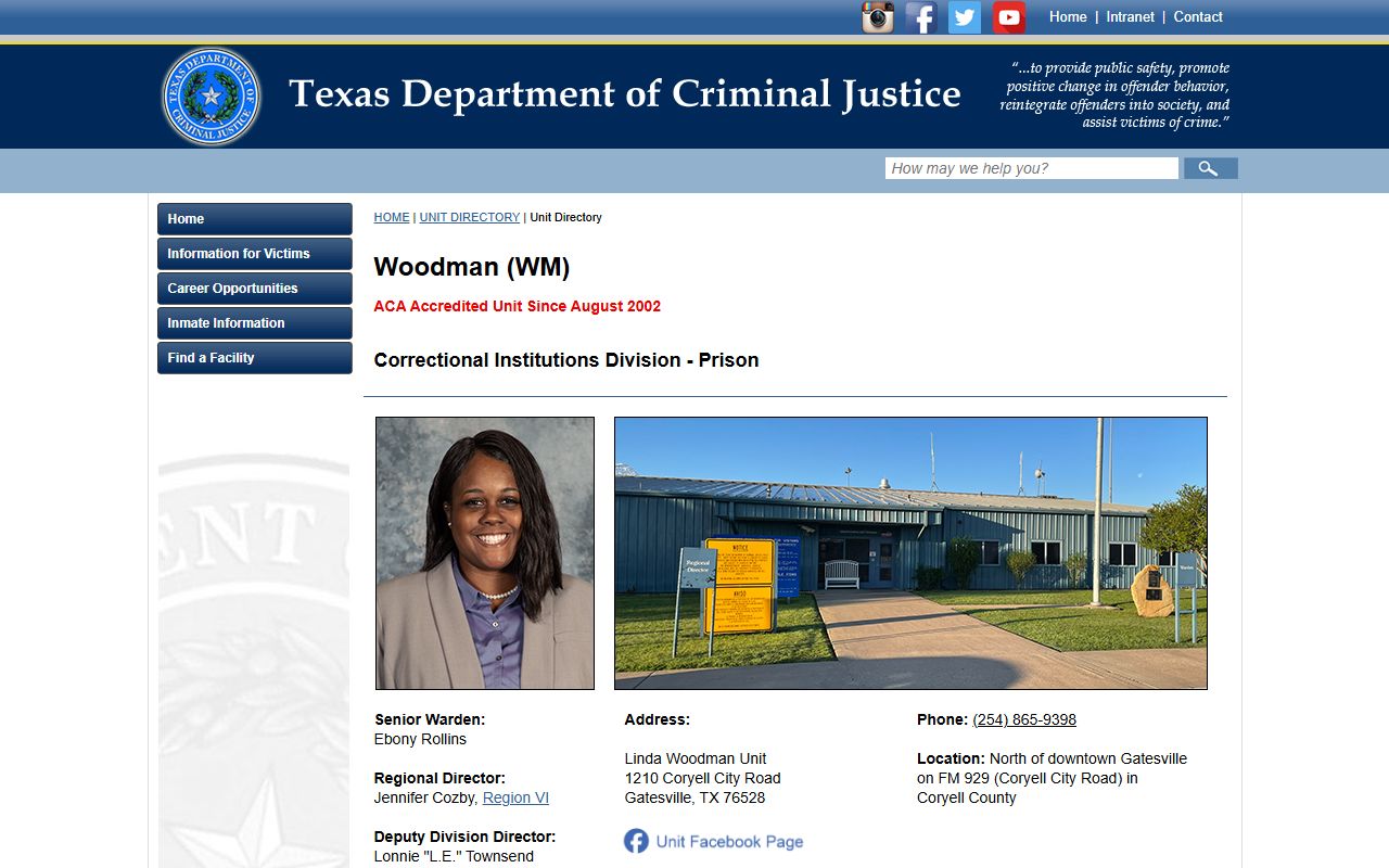 Linda Woodman Unit TDCJ inmate search facility profile